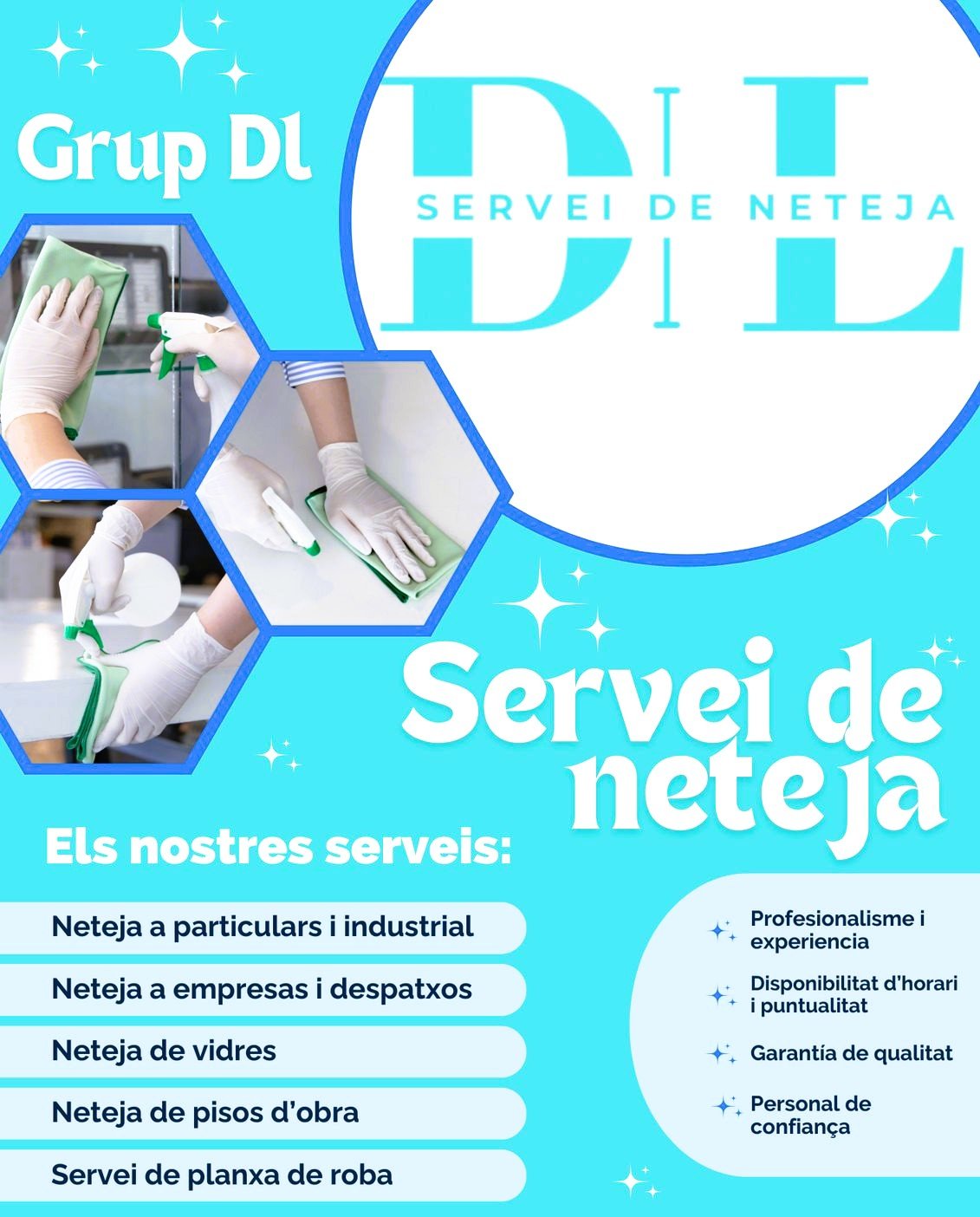 Som Grup DL, una empresa de neteges del Principat d’Andorra que combina joventut amb una gran experiència en el sector. Treballem perquè cada llar, despatx o negoci transmeti ordre, higiene i bona imatge, amb un servei molt professional, flexible i adaptat a les necessitats de cada client. Especialitats de Grup DL A Grup DL oferim un servei de neteja complet, tant per a particulars com per a empreses i indústries, amb un equip professional i de confiança. Neteja a particulars i industrial Ens encarreguem de la neteja de llars, pisos, cases i segones residències, així com de naus i espais industrials. Adaptem la freqüència i el tipus de servei (neteja de manteniment, neteja a fons, canvi de llogater, etc.) perquè sempre trobeu l’espai en perfectes condicions. Neteja a empreses i despatxos Mantenim oficines, comerços, locals i despatxos nets i ordenats, cuidant especialment zones de treball, sales de reunions, recepcions i lavabos. Una bona imatge i un entorn net milloren tant la percepció dels clients com el benestar del vostre equip. Neteja de vidres Oferim un servei de neteja de vidres professional per a habitatges, comunitats, locals comercials i oficines. Neteja de finestres, aparadors, portes de vidre i mamperes, perquè la llum entri amb claredat i els cristalls quedin transparents i sense marques. Neteja de pisos d’obra Som especialistes en neteja de finals d’obra i reformes: retirem pols de ciment, restes de pintura i brutícia de totes les superfícies, deixant el pis o local llest per entrar-hi a viure o per entregar-lo al client amb una imatge impecable. Servei de planxa de roba Complementem el servei de neteja amb planxa de roba, perquè pugueu tenir la llar en ordre i la roba a punt sense preocupar-vos de res. Ens adaptem al volum de roba i a la periodicitat que necessiteu. Per què confiar en Grup DL? Professionalitat i experiència Comptem amb personal format i acostumat a treballar en tota mena d’espais, des de llars particulars fins a empreses i indústries, amb criteri i cura pel detall. Disponibilitat d’horari i puntualitat Ens adaptem als vostres horaris per interferir al mínim en el vostre dia a dia o activitat laboral, respectant sempre els compromisos i la puntualitat. Garantia de qualitat Treballem amb procediments clars i productes adequats a cada superfície per assegurar un resultat net, polit i constant en el temps. Personal de confiança Sabem que deixar entrar algú a casa o al vostre negoci és una qüestió de confiança. Per això comptem amb un equip estable, responsable i amb tracte proper. En resum, a Grup DL oferim un servei de neteja integral i de confiança a Andorra: tant si necessiteu manteniment regular, una neteja de final d’obra, vidres impecables o ajuda amb la roba, som al vostre costat per fer-vos el dia a dia més fàcil.